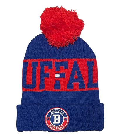 Buffalo Knit Pom Pom Beanie Hat Blue/Red