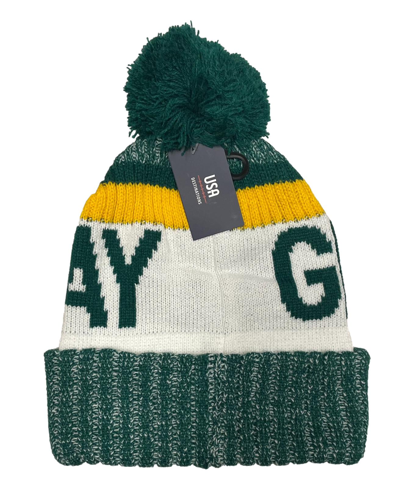 Green Bay Knit Pom Pom Beanie Hat Green/White